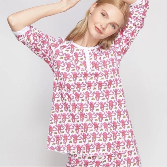 Roberta Roller Rabbit XS Henley pajama TOP ONLY monkey print pink and white - Picture 1 of 8